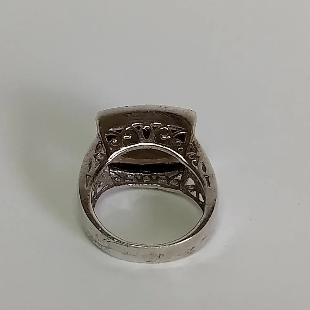 Chocolate Brown Faceted Stone Ring Openwork Sides Silver Tone Ring Size 6.5